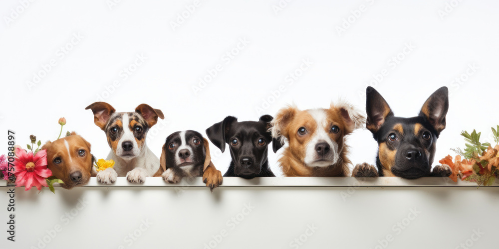 A group of dogs peek behind a board decorated with flowers on a white background.