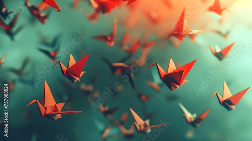 Flying Red Origami Cranes in the Sky A Peaceful AI Rendering of Traditional Japanese Craft