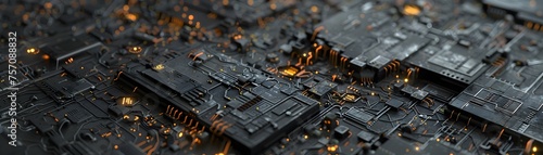 Obraz na płótnie Futuristic Black Circuit Board with Glowing Orange Elements - A Hyperrealistic 3D Render