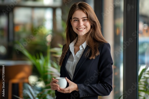 Woman in a business suit holding a cup of coffee in a office photo