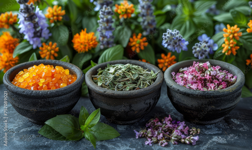 Three bowls of herbs and spices on slate background Three bowls of herbs and spices on slate background