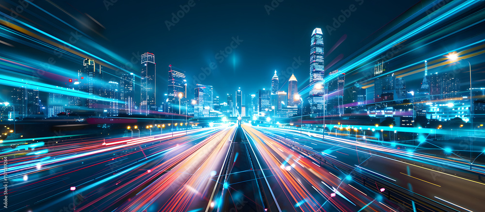 Fototapeta premium Abstract cityscape background featuring a night highway with illuminated road lights, capturing the motion of traffic. The image has a long exposure, creating a dynamic and blurred effect.