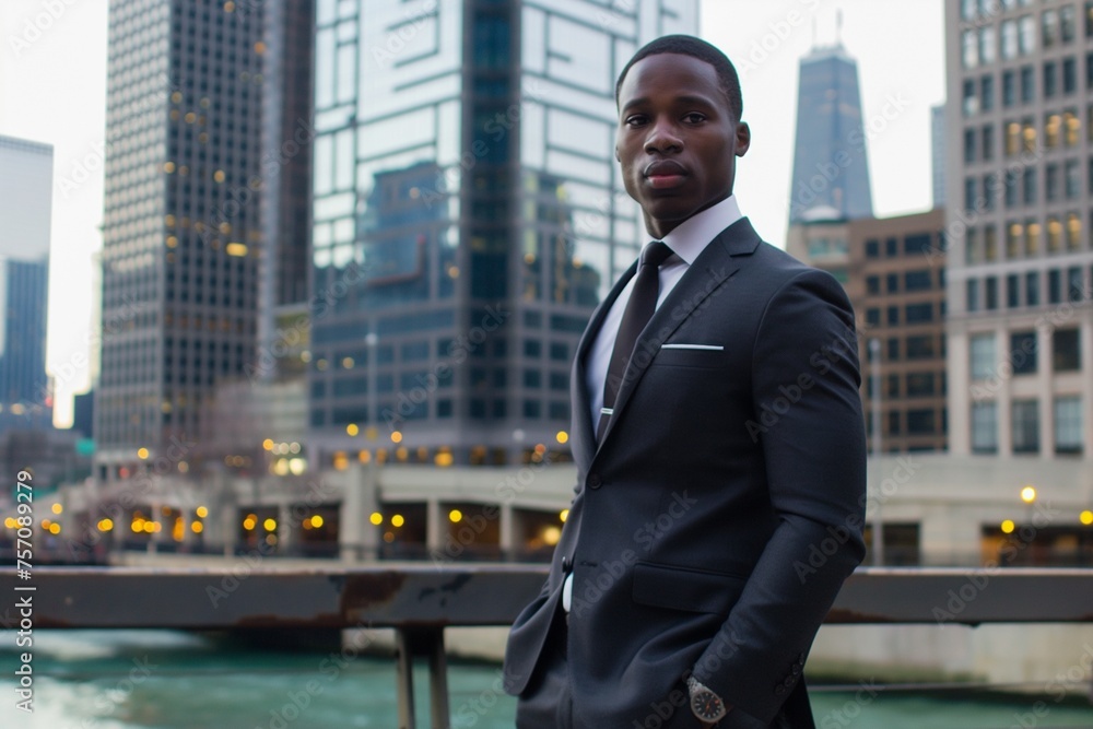 african Man in a suit standing in front of a city skyline, Modern city skyline