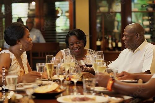 Group of african friends enjoying a meal together at a restaurant