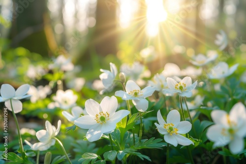 Beautiful white flowers of anemones in spring on background of blue sky and forest in sunlight in nature. 