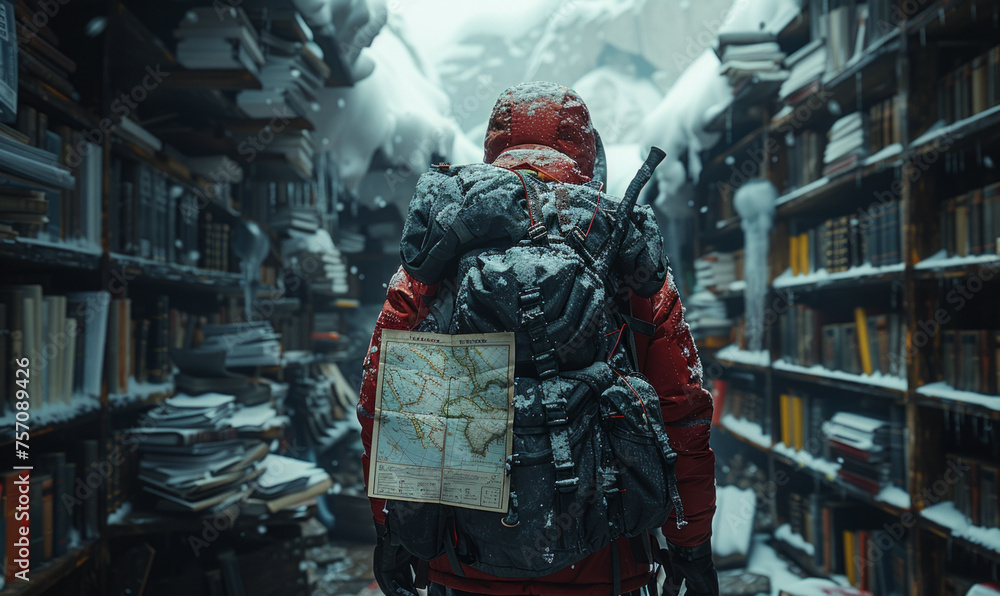 Poster The wanderer in red winter jacket and hat with backpack and map in his hands goes through the snow-covered forest with snow-capped mountains
