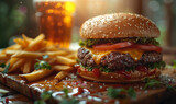 Cheeseburger and french fries with cold beer