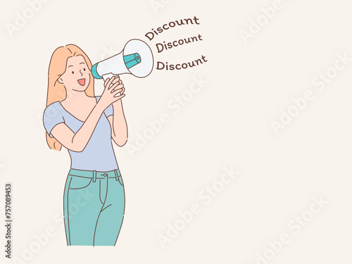 woman announces discount with loudspeaker