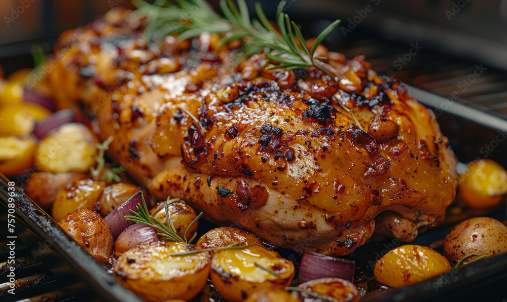 Roasted chicken and potatoes on the grill Roasted chicken and potatoes on the grill