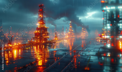 Oil platform in the sea at night. Pipeline. Industrial zone.