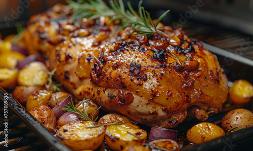 Roasted chicken and potatoes on the grill