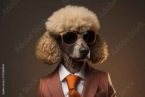 A stylish poodle wearing a suit and glasses., anthropomorphic image on studio. © maximilian_100