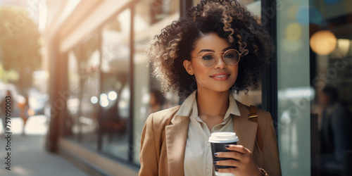 A stylish African-American woman in a business suit walks down the street holding a disposable cup of coffee in her hands. photo