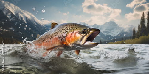 Large salmon fish jumps out of the river on a mountains background. Trophy fishing.