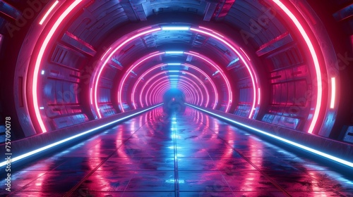 A sci-fi design virtual reality corridor with glowing neon arches and techno lines in