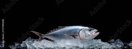 Large tuna on crushed ice with black background. © OleksandrZastrozhnov