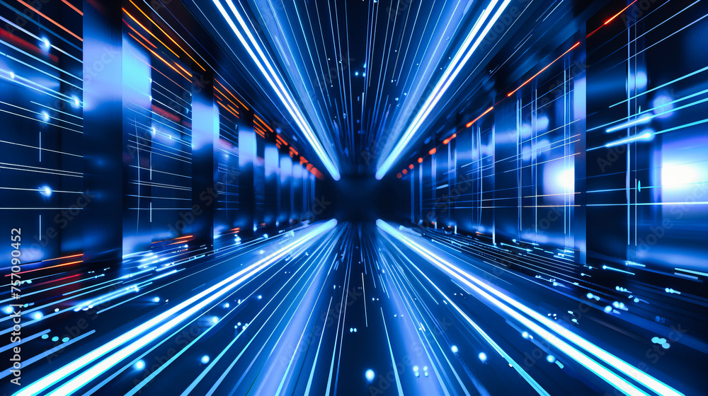 Futuristic Tunnel with Glowing Blue Neon Lights, Abstract Concept of Speed and Science Technology, Modern Virtual Reality Futuristic Tunnel with Glowing Blue Neon Lights, Abstract Concept of Speed and Science Technology, Modern Virtual Reality