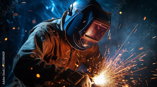 A welder is working in factory while wearing safety tools on his face 