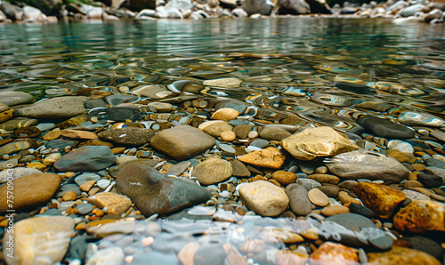 clear alpine stream with smooth pebbles visible, Generative AI 