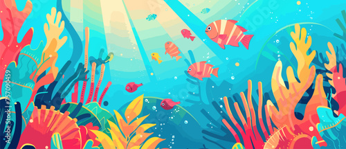Vibrant illustration undersea portrays a bustling colorful coral reef ecosystem and stylized fish.