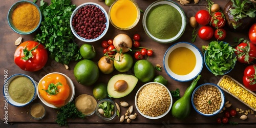 Beautiful photo of vegan food ingredients on a table from above