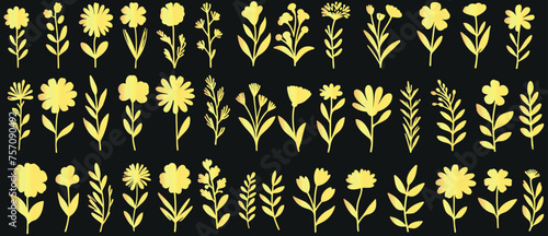 golden floral pattern on black background, ideal for fabric design, wallpaper, wrapping paper. Bright, elegant, simple, blooming flowers, buds, leaves, varying shapes, sizes