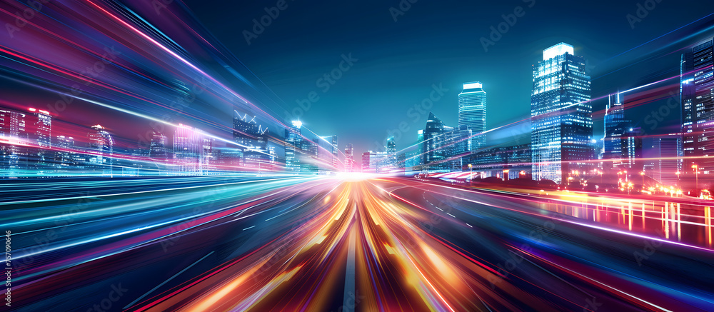 Fototapeta premium Abstract cityscape background featuring a night highway with illuminated road lights, capturing the motion of traffic. The image has a long exposure, creating a dynamic and blurred effect.