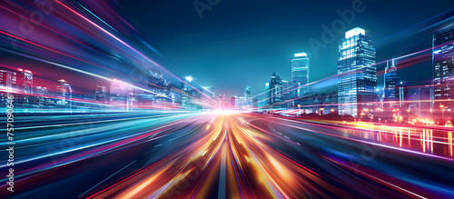 Abstract cityscape background featuring a night highway with illuminated road lights, capturing the motion of traffic. The image has a long exposure, creating a dynamic and blurred effect.