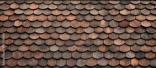 A detailed closeup of a roof constructed with wooden tiles, showcasing the intricate pattern and symmetry created using this natural building material © TheWaterMeloonProjec