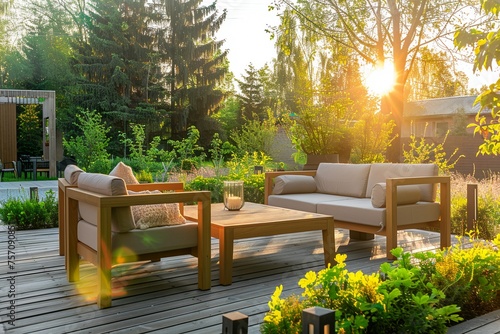 Area of spacious house terrace with modern garden furniture photo