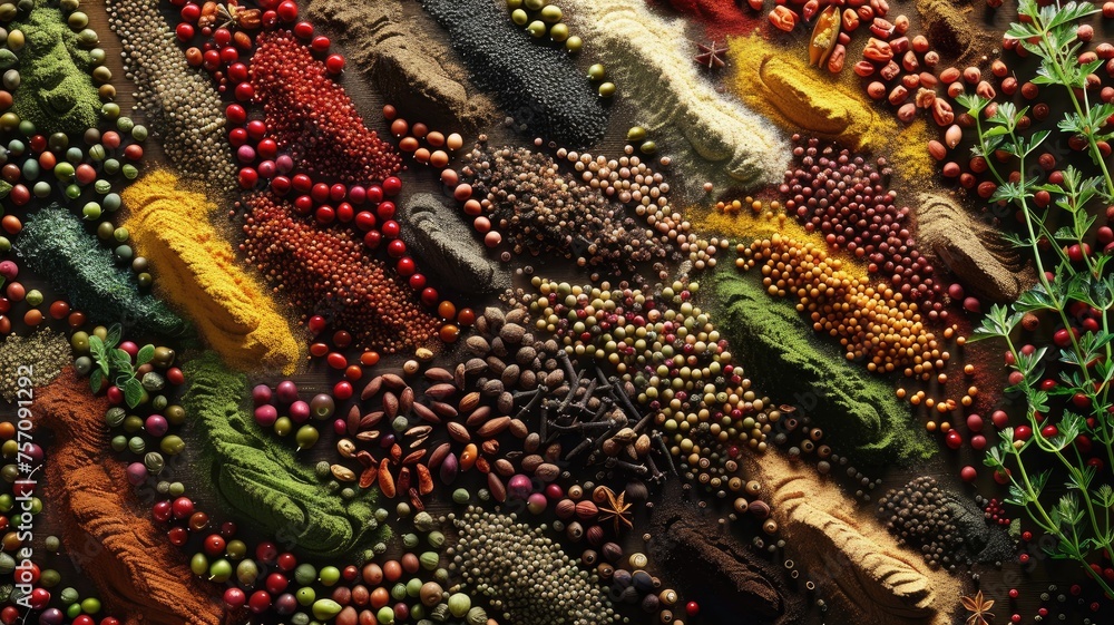 a seamless texture adorned with an array of spices and herbs, capturing their vibrant colors and aromatic essence. a seamless texture adorned with an array of spices and herbs, capturing their vibrant colors and aromatic essence.