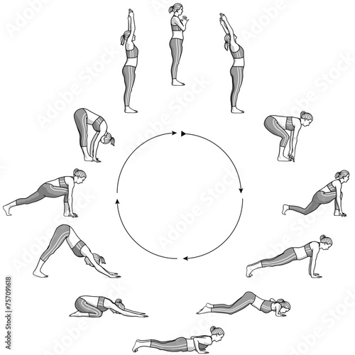 Illustration yoga / sonnengruss / Surya Namaskar / mobilisation / dehnung