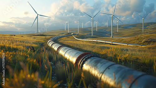 Green Energy Nexus: Hydrogen Pipeline and Wind Turbines in Sustainable Landscape photo