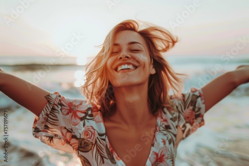 Backlit Portrait of calm happy smiling free woman with open arms and closed eyes enjoys a beautiful moment life on the seashore at sunset  #757091679