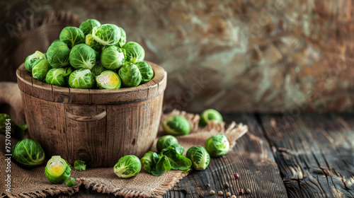 Fresh Brussels Sprouts in Rustic Wooden Bowl on Textured Background