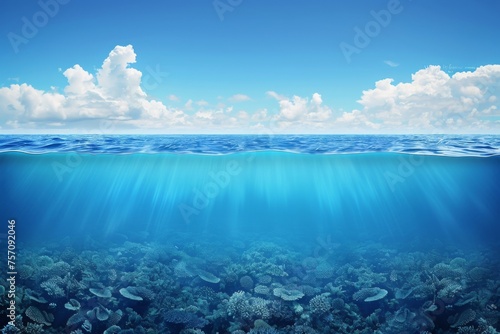 Split view horizon of blue sky with clouds and deep blue underwater ocean. Breathtaking Oceanic Panorama - with copy space to insert ads.