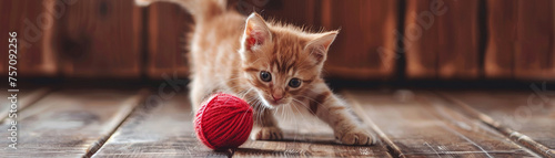 A playful kitten chasing a ball of yarn