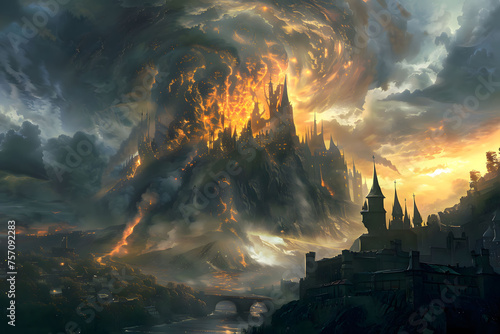  A fantasy city being destroyed by an erupting volcano, with the sky full of dark clouds and yellow fire coming from under them, gothic architecture
