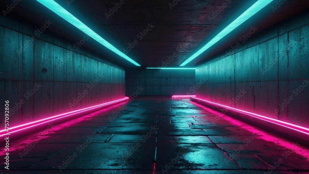 Urban Neon Desolation Futuristic Concrete Tunnel Empty Garage with Neon Glow