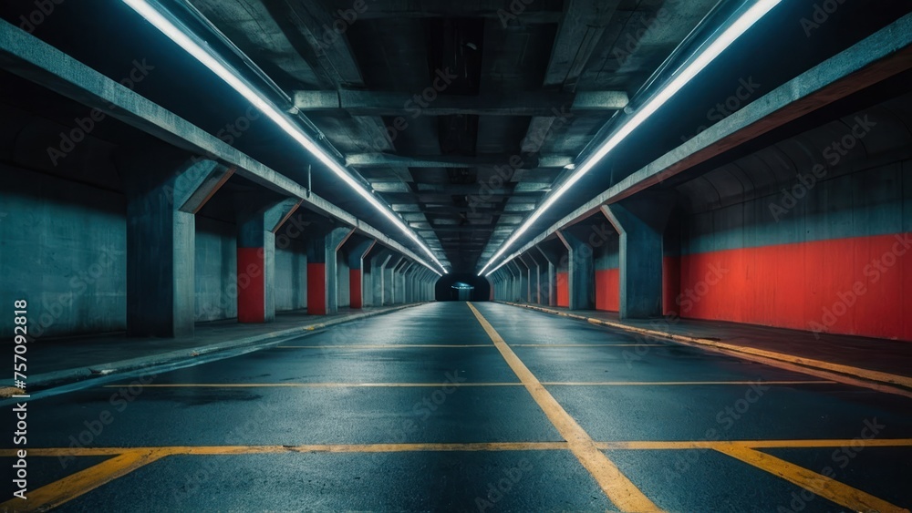 Urban Neon Desolation Futuristic Concrete Tunnel Empty Garage with Neon Glow