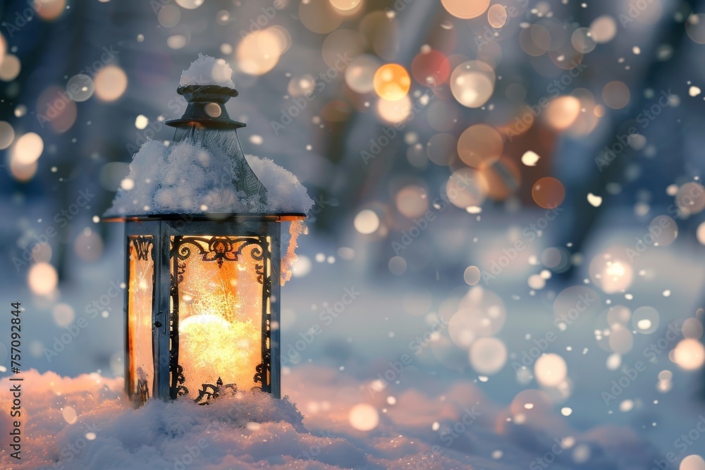 Christmas decoration with a lantern in the snow in a winter park with beautiful bokeh. Christmas decoration with a lantern in the snow in a winter park with beautiful bokeh.