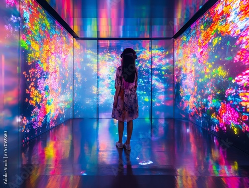 A woman stands captivated by vibrant digital flowers in an immersive art exhibit.