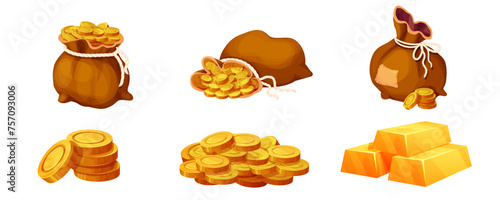 Set sack, bag with gold coins, stack of golden bricks, shiny treasure game asset isolated on white background