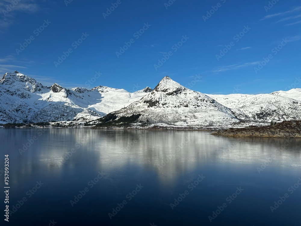 Snowy mountains mirrored in a lake