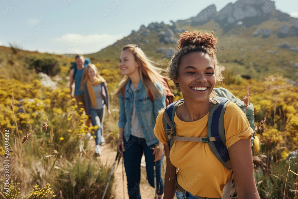 Joyful Hikers Exploring Scenic Mountain Trail in Sunny Weather Joyful Hikers Exploring Scenic Mountain Trail in Sunny Weather