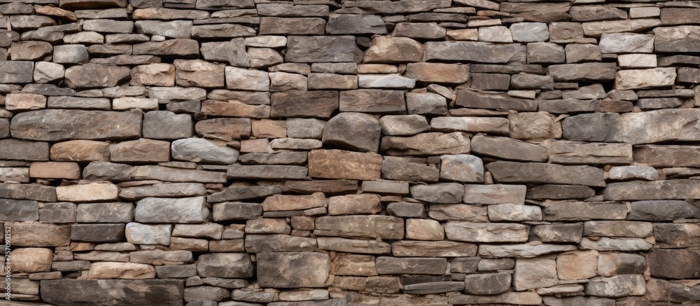 Fototapeta premium A closeup of a brown stone wall with a lot of beige bricks, showcasing the beautiful brickwork and composite material used in the building. The rectangleshaped rocks create an interesting pattern