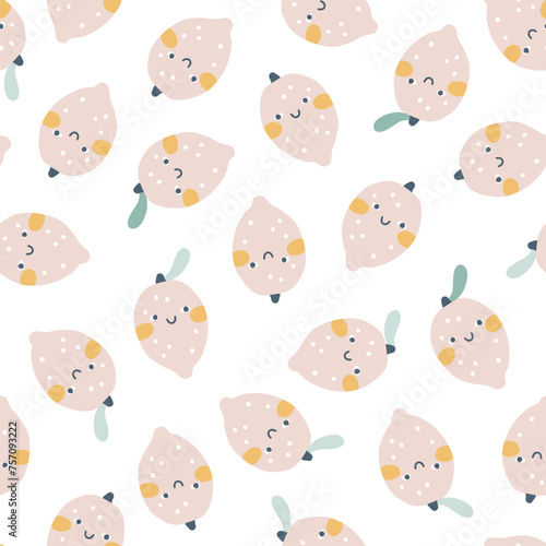 Lemons face seamless scattered pattern in pastel palette. Vector naive hand drawn illustration of cute characters. Ideal for baby textiles, wallpaper, fabric, scrapbooking.