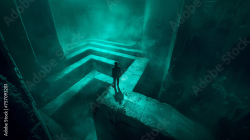 A lone figure stands on a concrete ledge in an eerie, fog-filled maze of large stairs with green ambient lighting