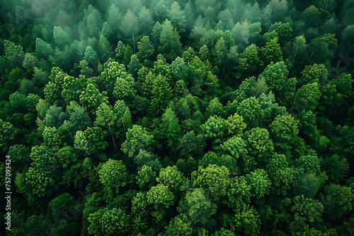 Green trees in a woodland  seen from above. CO2 is captured by a drone shot of a densely green tree. Carbon neutrality and the idea of net zero emissions are backed by a green tree environment. a gree
