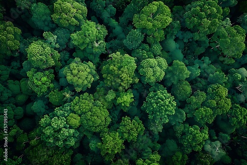 Green trees in a woodland, seen from above. CO2 is captured by a drone shot of a densely green tree. Carbon neutrality and the idea of net zero emissions are backed by a green tree environment. a gree photo